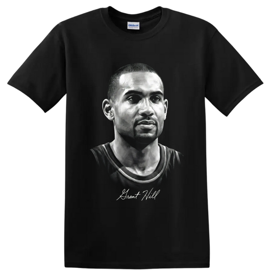 Grayscale Grant Hill basketball portrait with signature-style lettering on a Black T Shirt