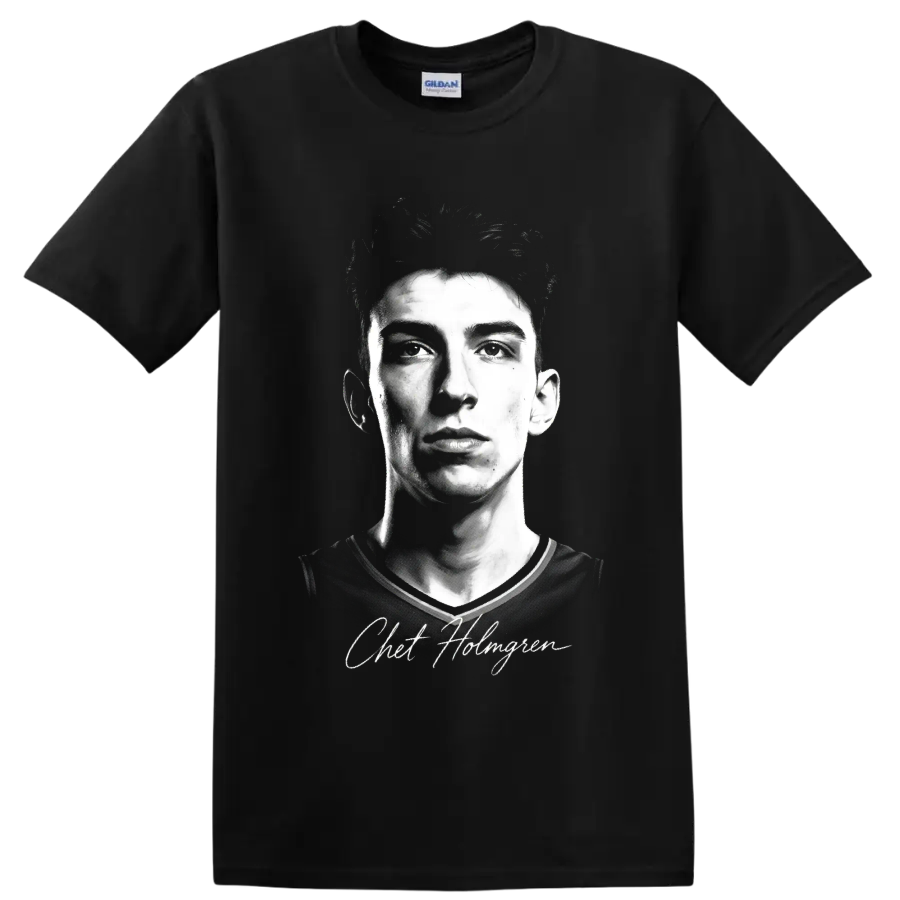 Chet Holmgren black-and-white basketball portrait with signature-style name text on a Black T Shirt