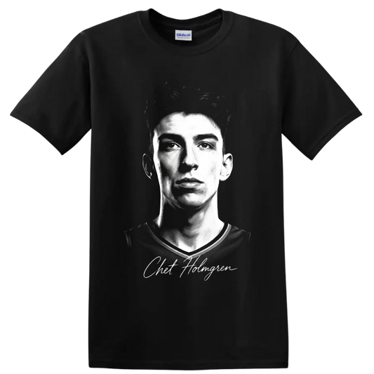 Chet Holmgren black-and-white basketball portrait with signature-style name text on a Black T Shirt