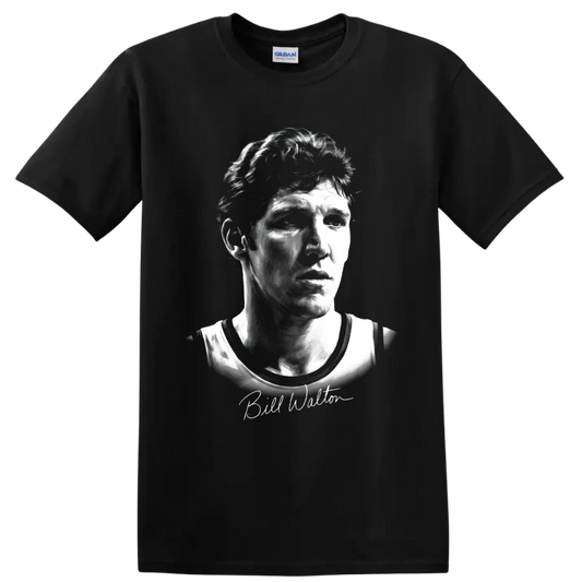 Black-and-white Bill Walton basketball portrait with signature-style script on a Black T Shirt