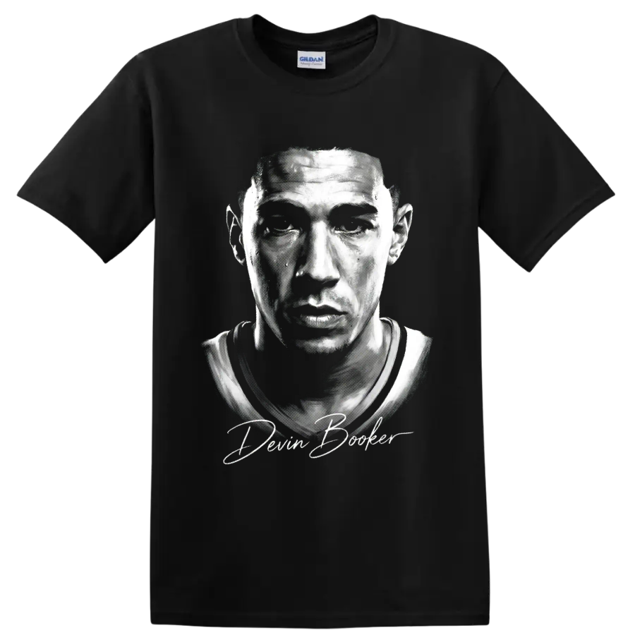 Monochrome Devin Booker basketball portrait with signature-style lettering on a Black T Shirt