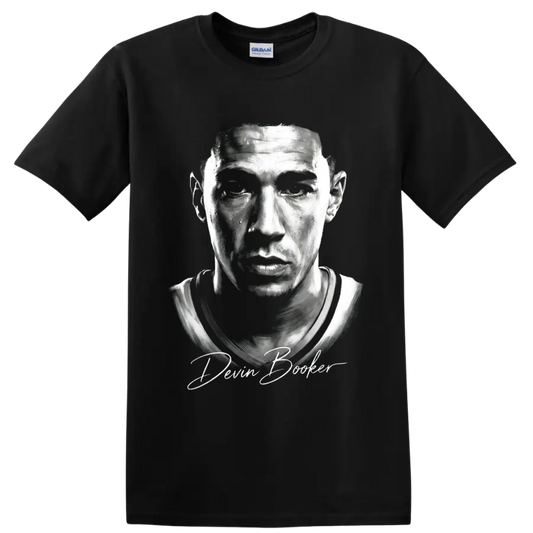 Monochrome Devin Booker basketball portrait with signature-style lettering on a Black T Shirt