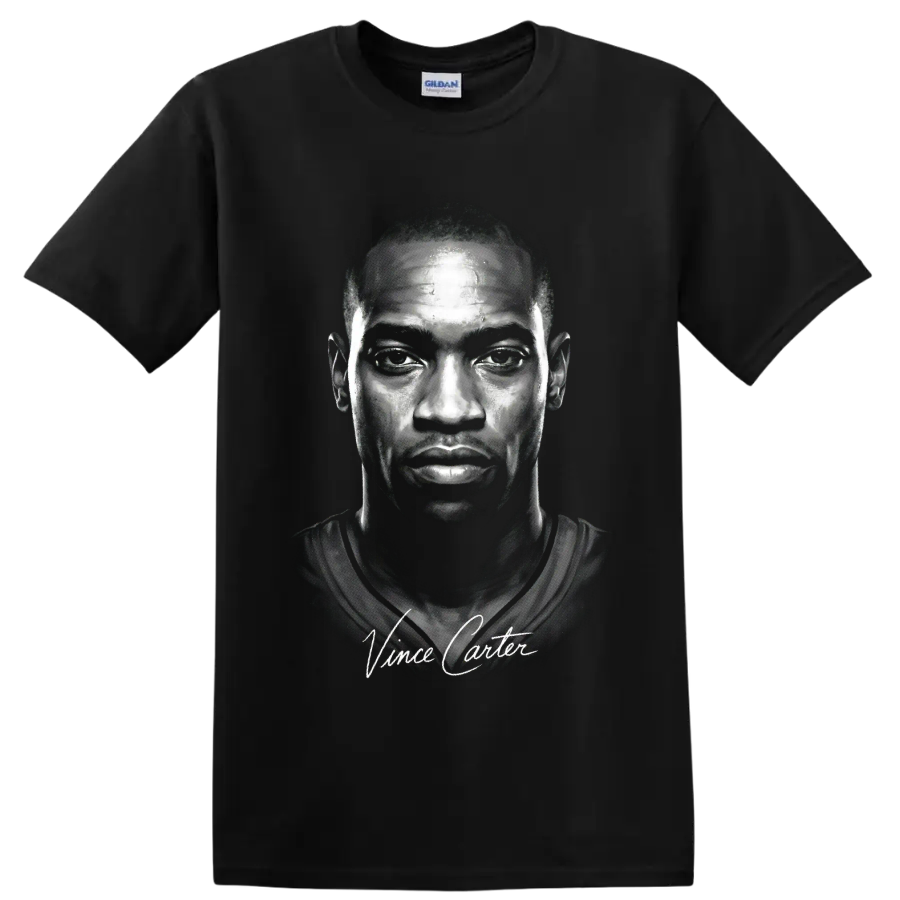 High-contrast Vince Carter portrait with signature-style lettering on a Black T Shirt