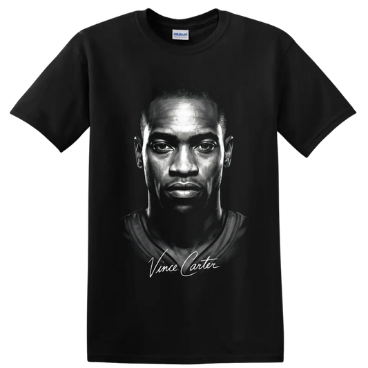 High-contrast Vince Carter portrait with signature-style lettering on a Black T Shirt