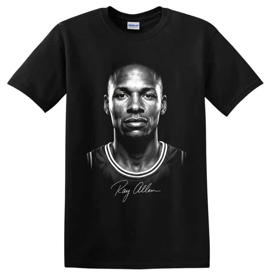 Monochrome Ray Allen Boston Celtics No. 20 basketball portrait with signature on a Black T Shirt