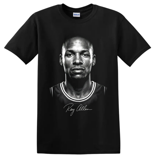 Monochrome Ray Allen Boston Celtics No. 20 basketball portrait with signature on a Black T Shirt