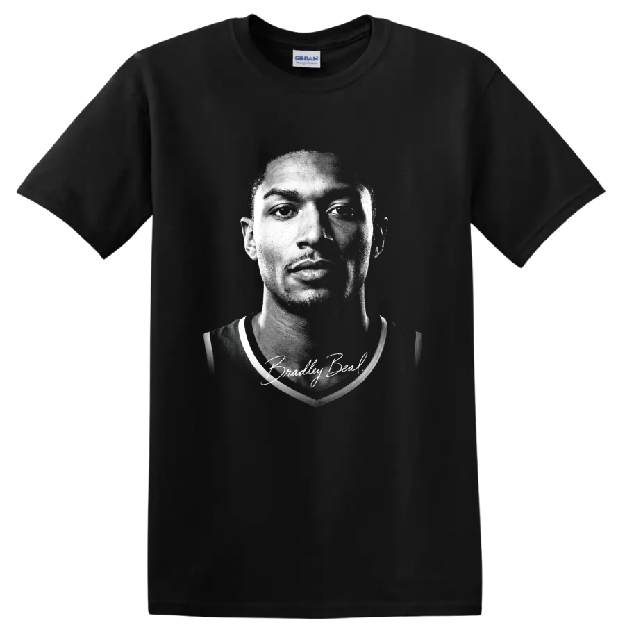Bradley Beal black-and-white basketball portrait with signature-style lettering on a Black T Shirt