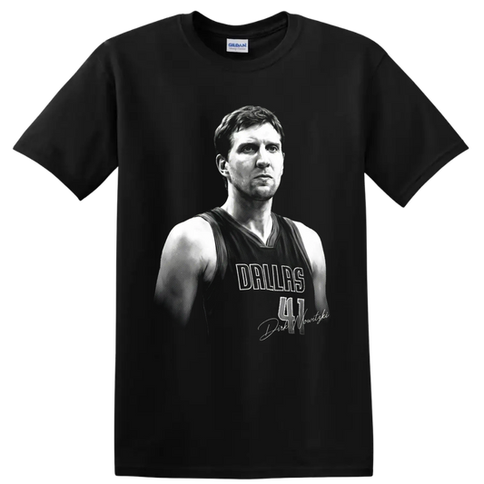 Black-and-white Dirk Nowitzki Dallas Mavericks No. 41 portrait graphic on a Black T Shirt