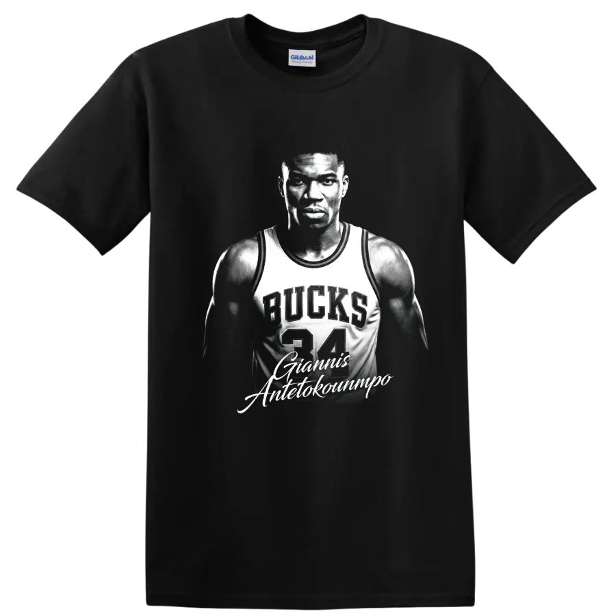 Giannis Antetokounmpo in Bucks number 34 jersey, monochrome portrait graphic on a Black T Shirt