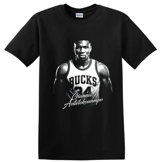 Giannis Antetokounmpo in Bucks number 34 jersey, monochrome portrait graphic on a Black T Shirt