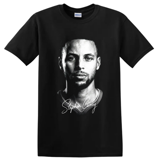 Stephen Curry black-and-white portrait with cursive signature on a Black T Shirt