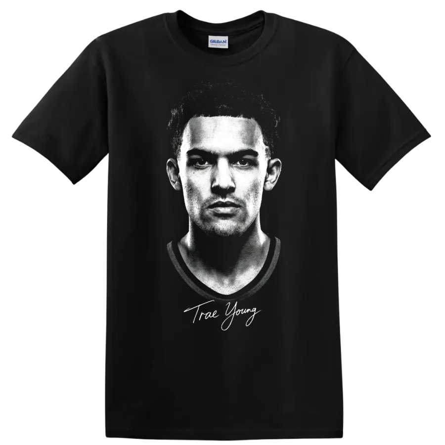 Trae Young black-and-white portrait with signature-style lettering on a Black T Shirt