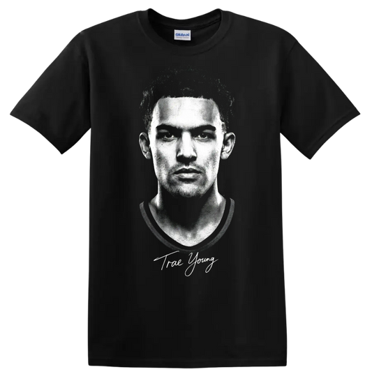 Trae Young black-and-white portrait with signature-style lettering on a Black T Shirt