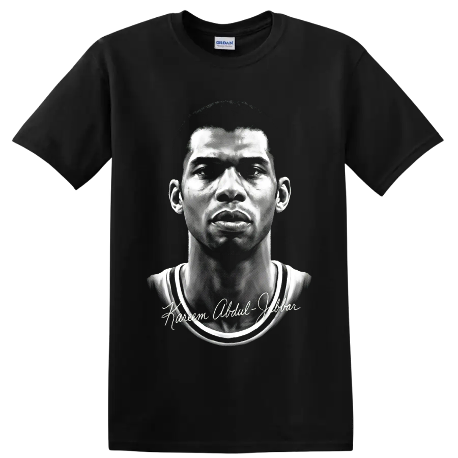 Kareem Abdul-Jabbar monochrome Lakers No. 33 portrait with signature-style lettering on a Black T Shirt