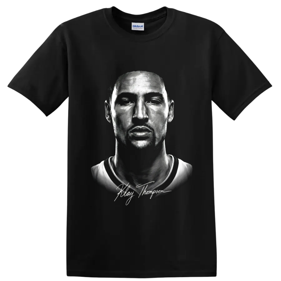 Klay Thompson monochrome basketball portrait with signature-style lettering on a Black T Shirt