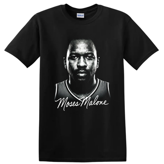 Moses Malone black-and-white halftone basketball portrait with signature-style script on a Black T Shirt