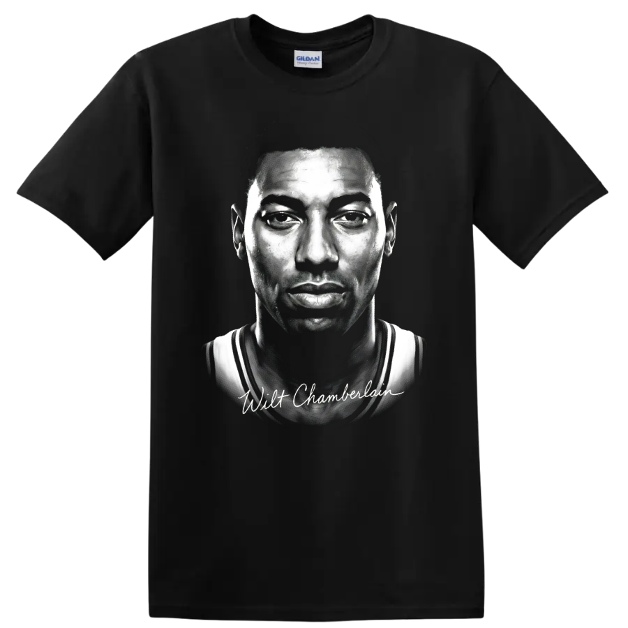 Wilt Chamberlain black-and-white basketball portrait with signature-style text on a Black T Shirt
