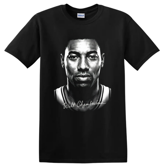 Wilt Chamberlain black-and-white basketball portrait with signature-style text on a Black T Shirt