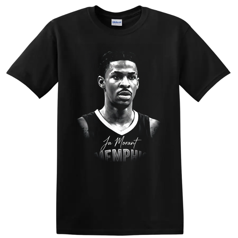 Ja Morant Memphis basketball portrait with signature and Memphis lettering on a Black T Shirt