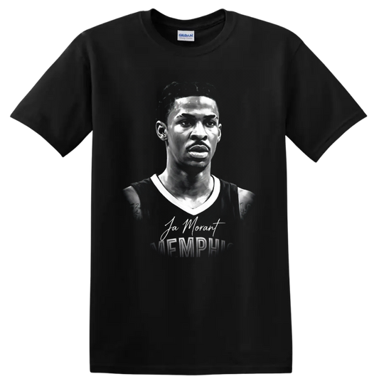 Ja Morant Memphis basketball portrait with signature and Memphis lettering on a Black T Shirt