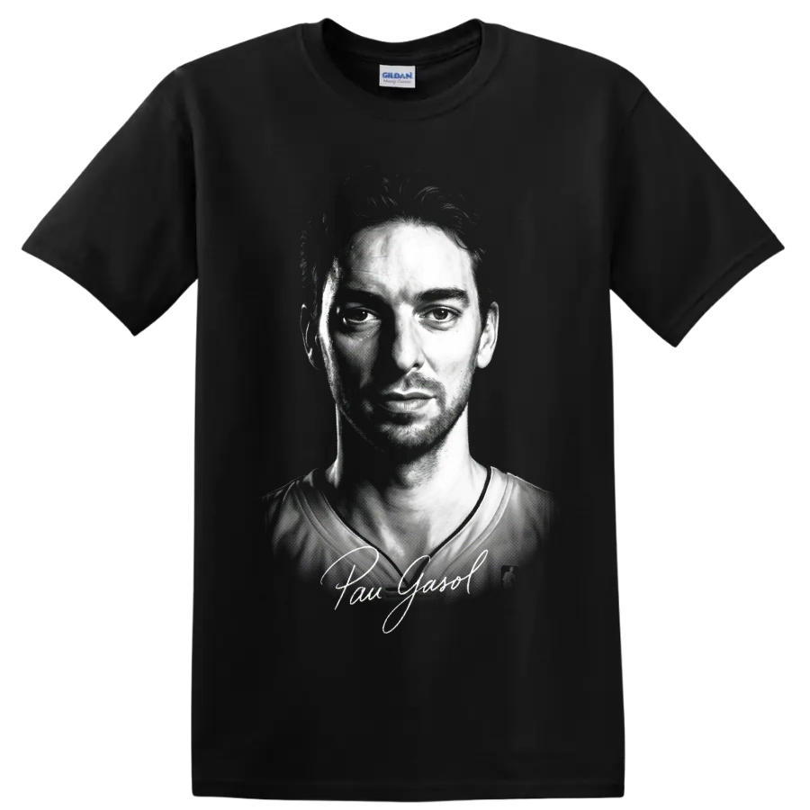 Black-and-white Pau Gasol basketball portrait with signature-style lettering on a Black T Shirt
