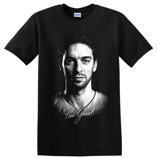 Black-and-white Pau Gasol basketball portrait with signature-style lettering on a Black T Shirt