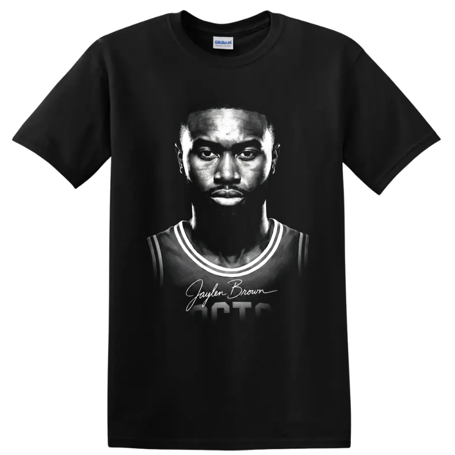 Jaylen Brown Boston Celtics number 7 monochrome basketball portrait with signature on a Black T Shirt