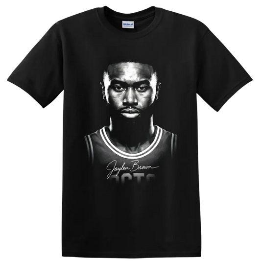 Jaylen Brown Boston Celtics number 7 monochrome basketball portrait with signature on a Black T Shirt