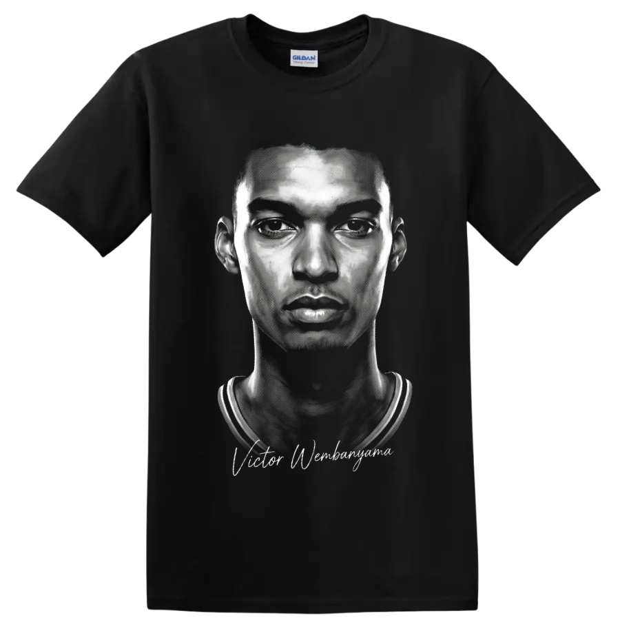 Black-and-white Victor Wembanyama basketball portrait with signature-style lettering on a Black T Shirt