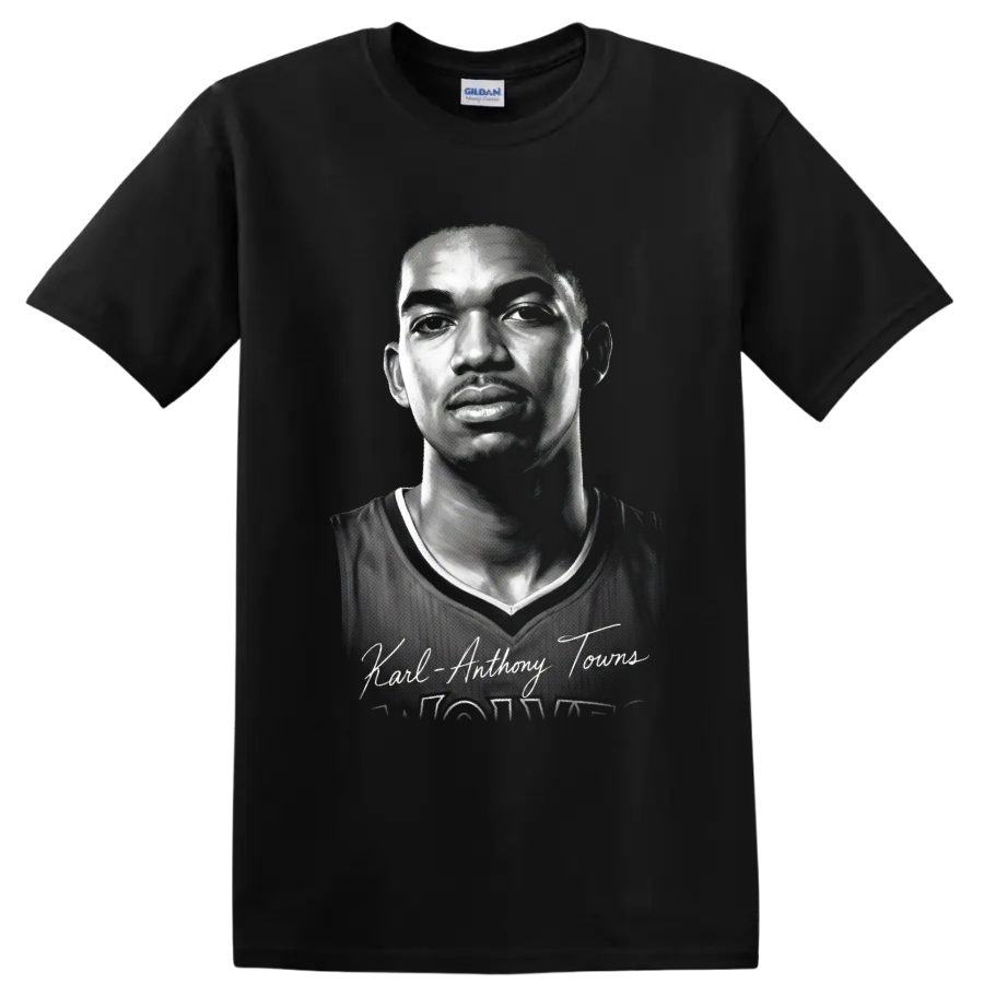 Black-and-white Karl-Anthony Towns basketball portrait with signature-style name text on a Black T Shirt