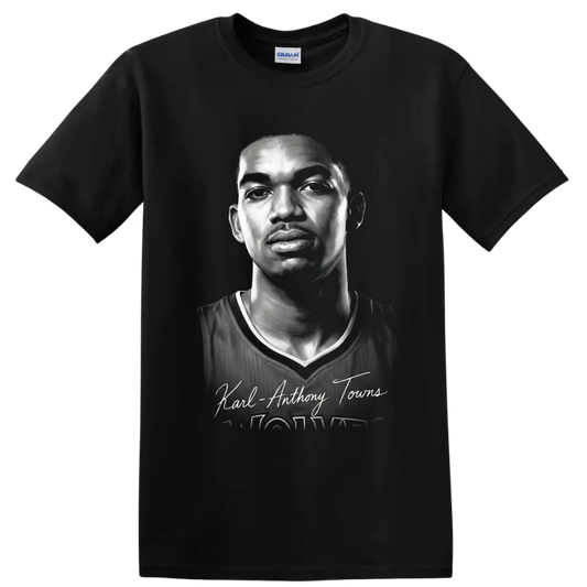 Black-and-white Karl-Anthony Towns basketball portrait with signature-style name text on a Black T Shirt