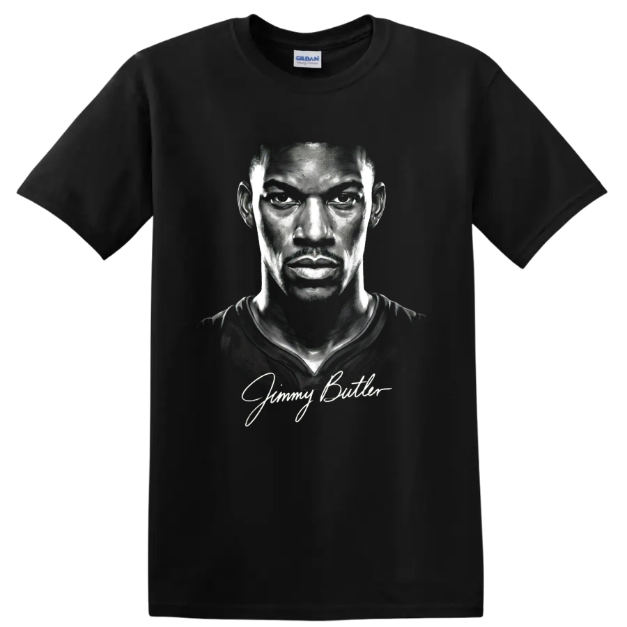 Grayscale Jimmy Butler basketball portrait illustration with cursive signature on a Black T Shirt