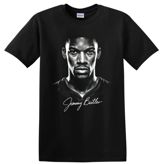 Grayscale Jimmy Butler basketball portrait illustration with cursive signature on a Black T Shirt