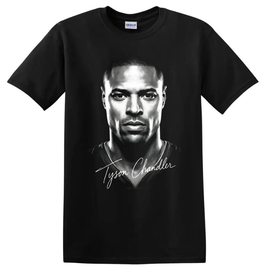 Grayscale Tyson Chandler basketball portrait with white signature script on a Black T Shirt