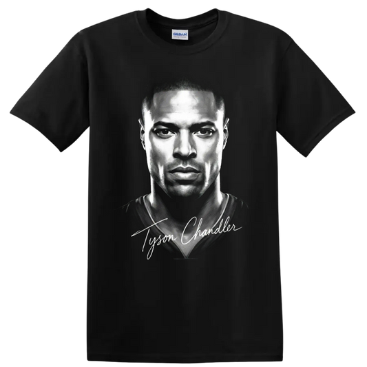 Grayscale Tyson Chandler basketball portrait with white signature script on a Black T Shirt