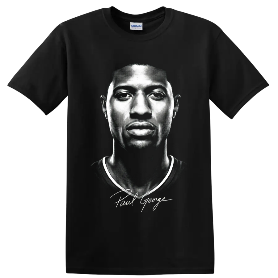 Black-and-white Paul George basketball portrait with signature-style script on a Black T Shirt