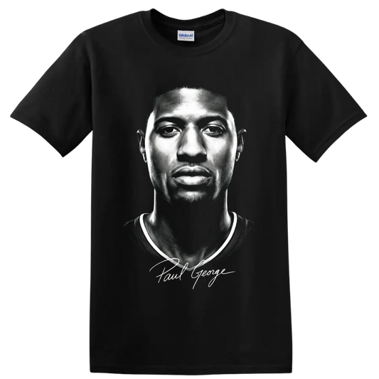 Black-and-white Paul George basketball portrait with signature-style script on a Black T Shirt