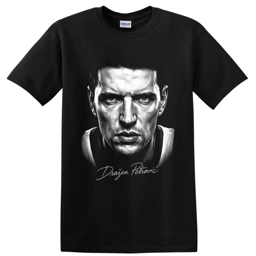Dražen Petrović New Jersey Nets No. 3 black-and-white basketball portrait on a Black T Shirt