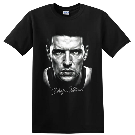Dražen Petrović New Jersey Nets No. 3 black-and-white basketball portrait on a Black T Shirt
