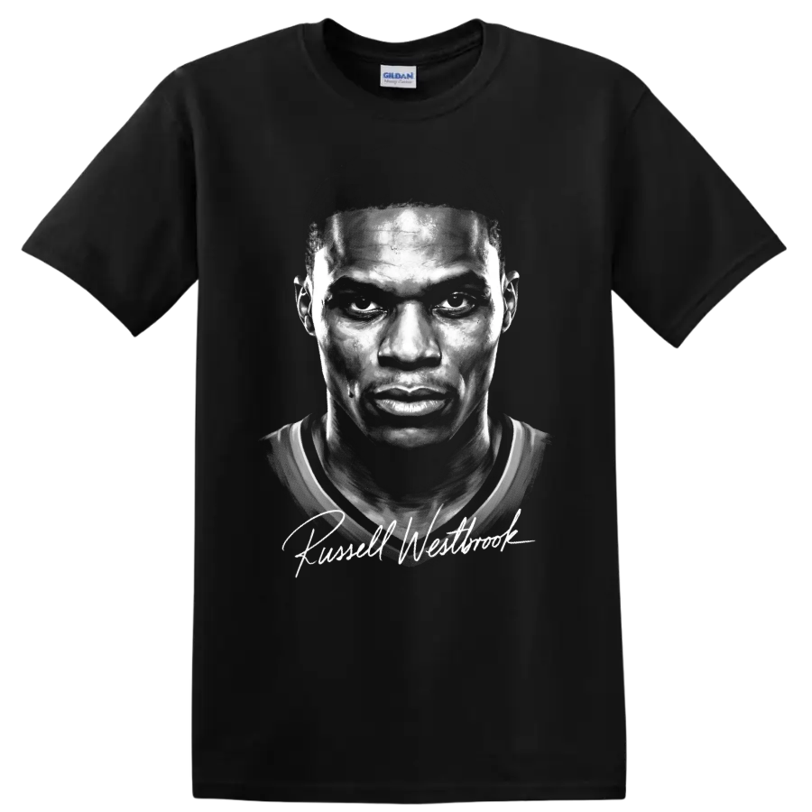 Russell Westbrook monochrome basketball portrait with signature-style lettering on a Black T Shirt