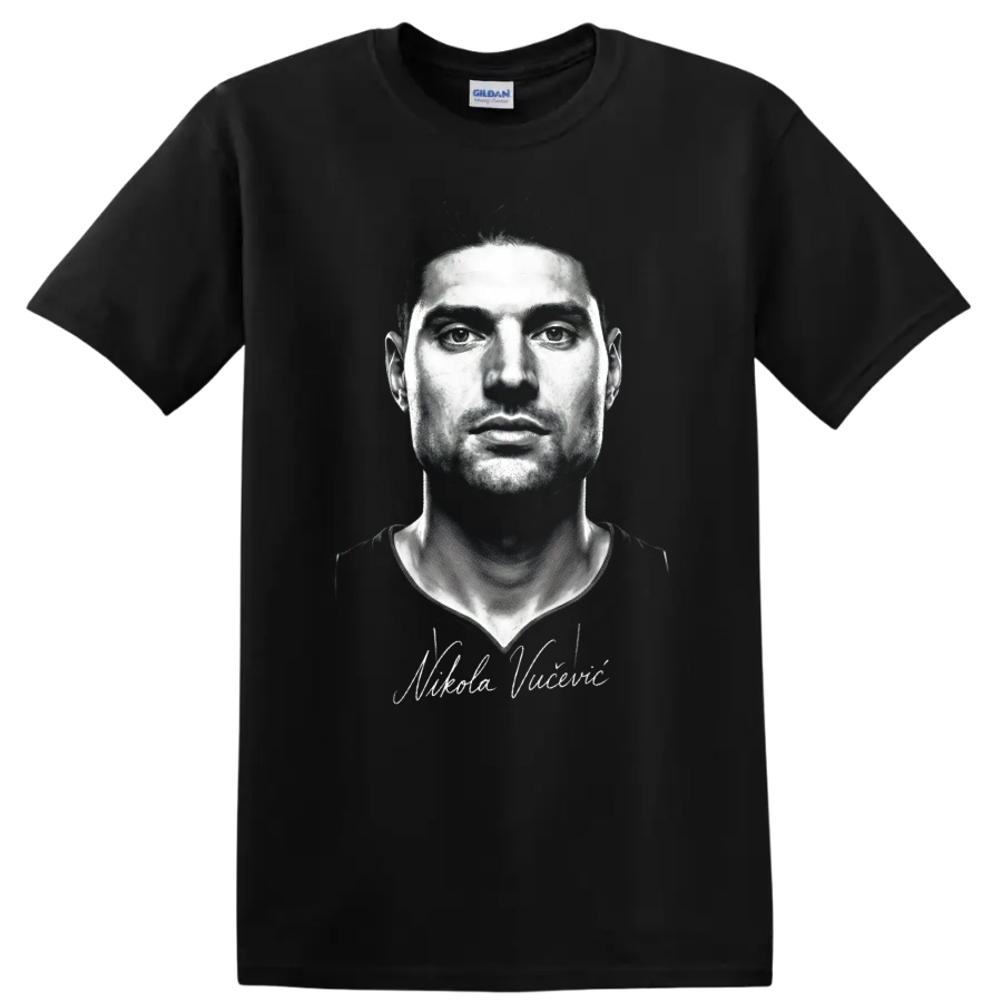Nikola Vučević monochrome basketball portrait with cursive signature on a Black T Shirt