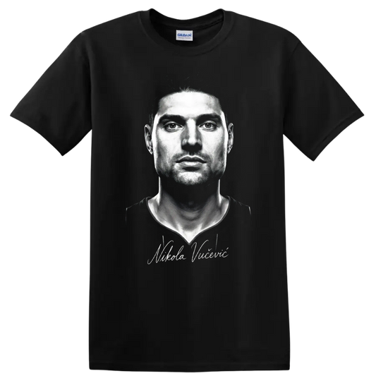 Nikola Vučević monochrome basketball portrait with cursive signature on a Black T Shirt