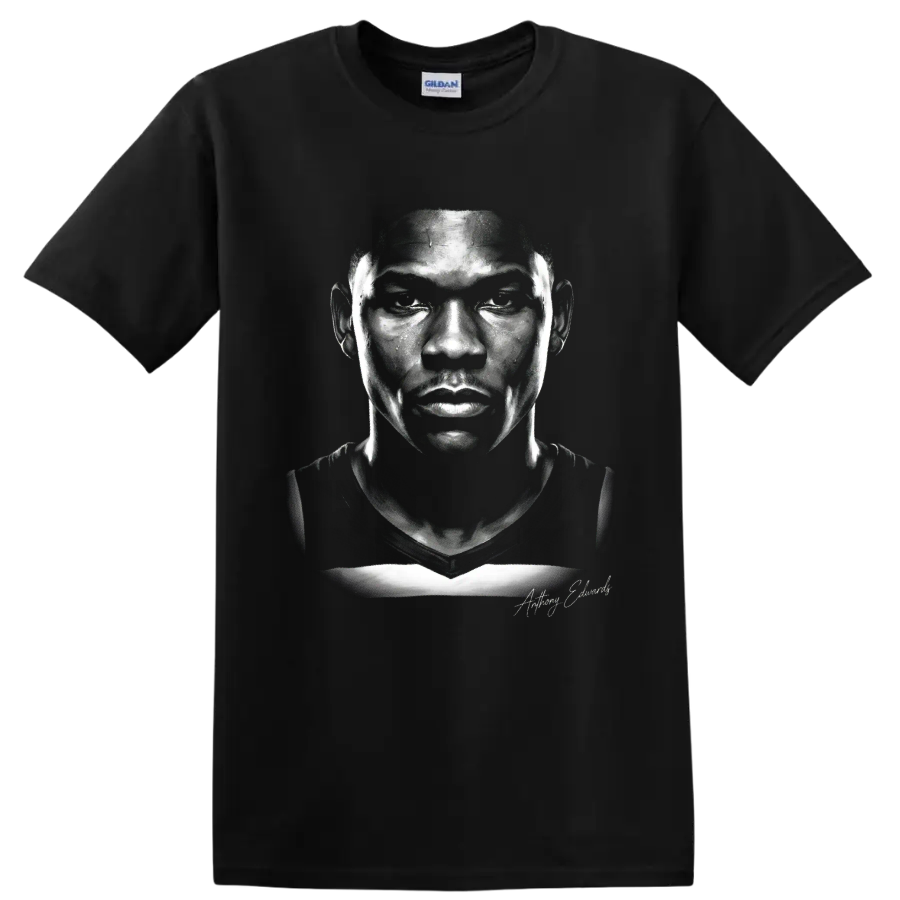 Monochrome Anthony Edwards Minnesota Timberwolves No. 5 portrait illustration on a Black T Shirt