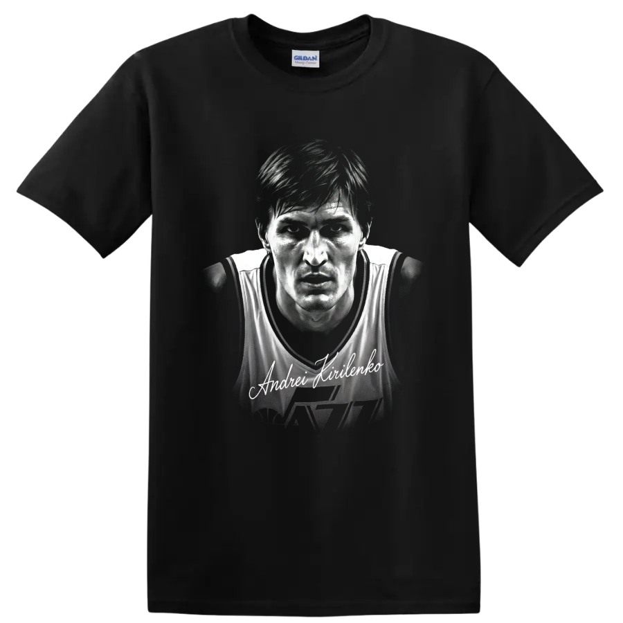 Andrei Kirilenko Utah Jazz No. 47 monochrome basketball portrait with signature on a Black T Shirt
