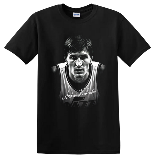 Andrei Kirilenko Utah Jazz No. 47 monochrome basketball portrait with signature on a Black T Shirt
