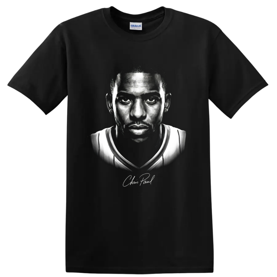 Chris Paul Los Angeles Clippers No. 3 black-and-white basketball portrait artwork on a Black T Shirt