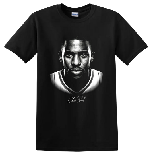 Chris Paul Los Angeles Clippers No. 3 black-and-white basketball portrait artwork on a Black T Shirt