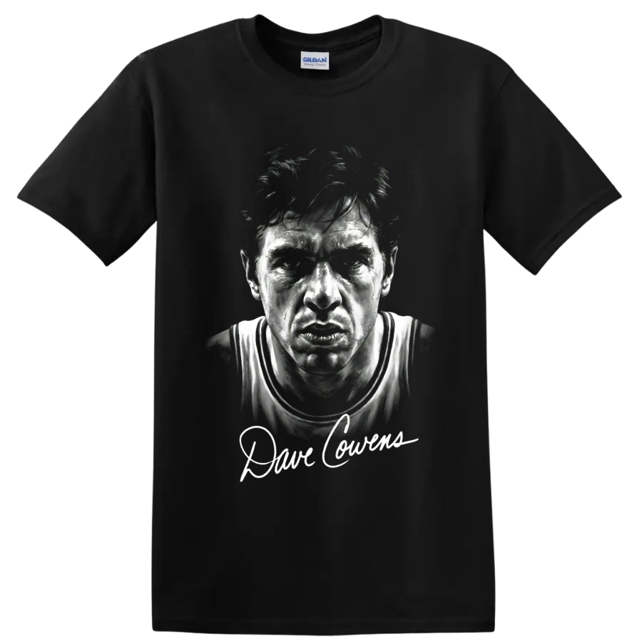 Dave Cowens basketball portrait with signature-style lettering on a Black T Shirt