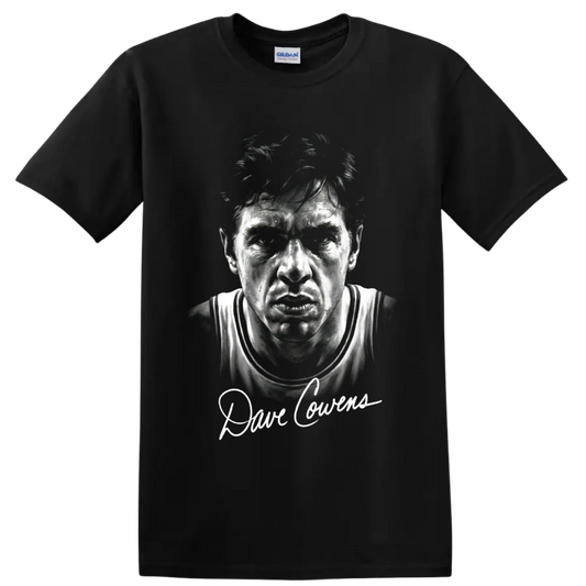 Dave Cowens basketball portrait with signature-style lettering on a Black T Shirt
