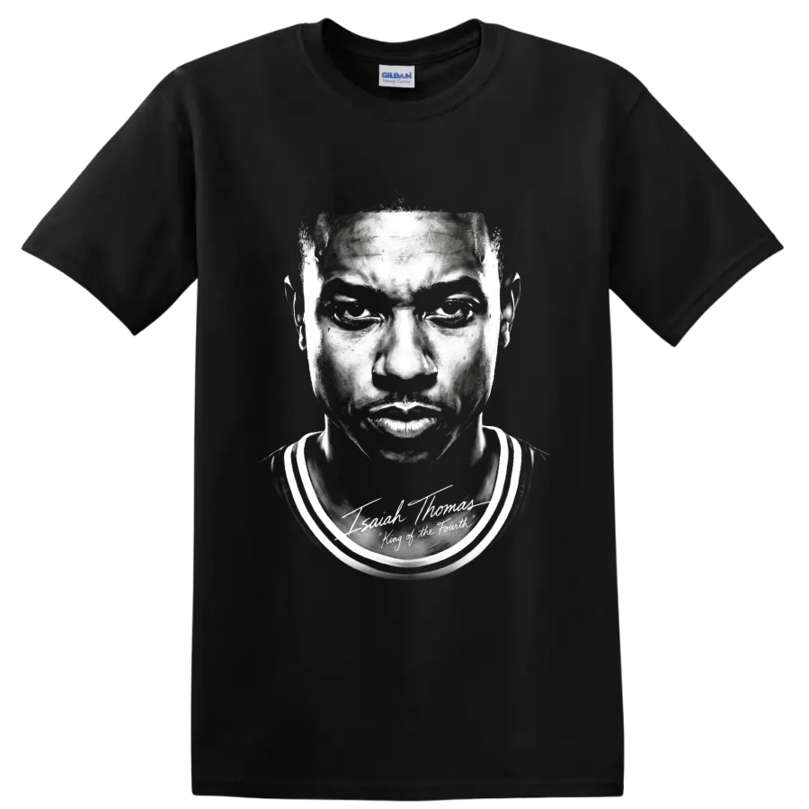 Monochrome Isiah Thomas Detroit Pistons No. 11 portrait with signature-style lettering on a Black T Shirt